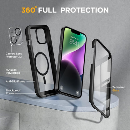 Miracase for iPhone 14 Case 6.1'', [Bubble Free] Full-Body Bumper Phone case with Built-in Full Glass Screen &Lens Protector,No Gap,Compatible with MagSafe,Drop Proof 14 Cover,Black