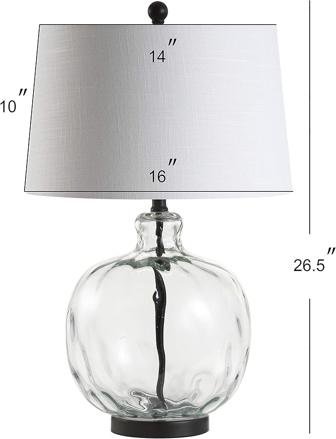 JONATHAN Y 26.5" Clear Glass and Black Metal LED Table Lamp, Transitional Farmhouse Bedside Nightstand Lamp with White Linen Shade, UL Listed, LED Bulb Included JYL1067A