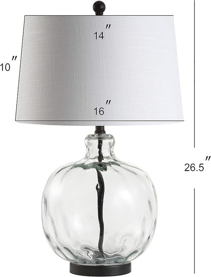 JONATHAN Y 26.5" Clear Glass and Black Metal LED Table Lamp, Transitional Farmhouse Bedside Nightstand Lamp with White Linen Shade, UL Listed, LED Bulb Included JYL1067A