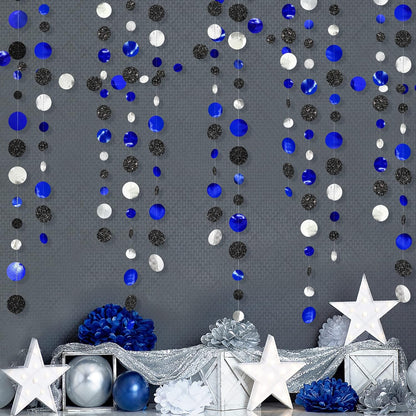 46Ft Navy Blue Black Silver Circle Dots Garland Royal Blue Black Polka Dots Streamer for Birthday Graduations Wedding Bridal Baby Shower Nautical Ahoy Achor Pirate Theme Party Decorations Supplies