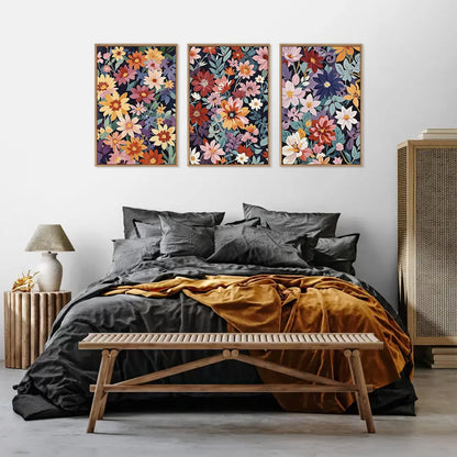 HLNIUC Boho Floral Framed Canvas Wall Art,Colorful Wildflower Landscape Wall Decor Set of 3(16”x24”)Rustic Bohemian Style Flower Art Print,Modern Botanical Floral Wall Painting for Living Room Bedroom