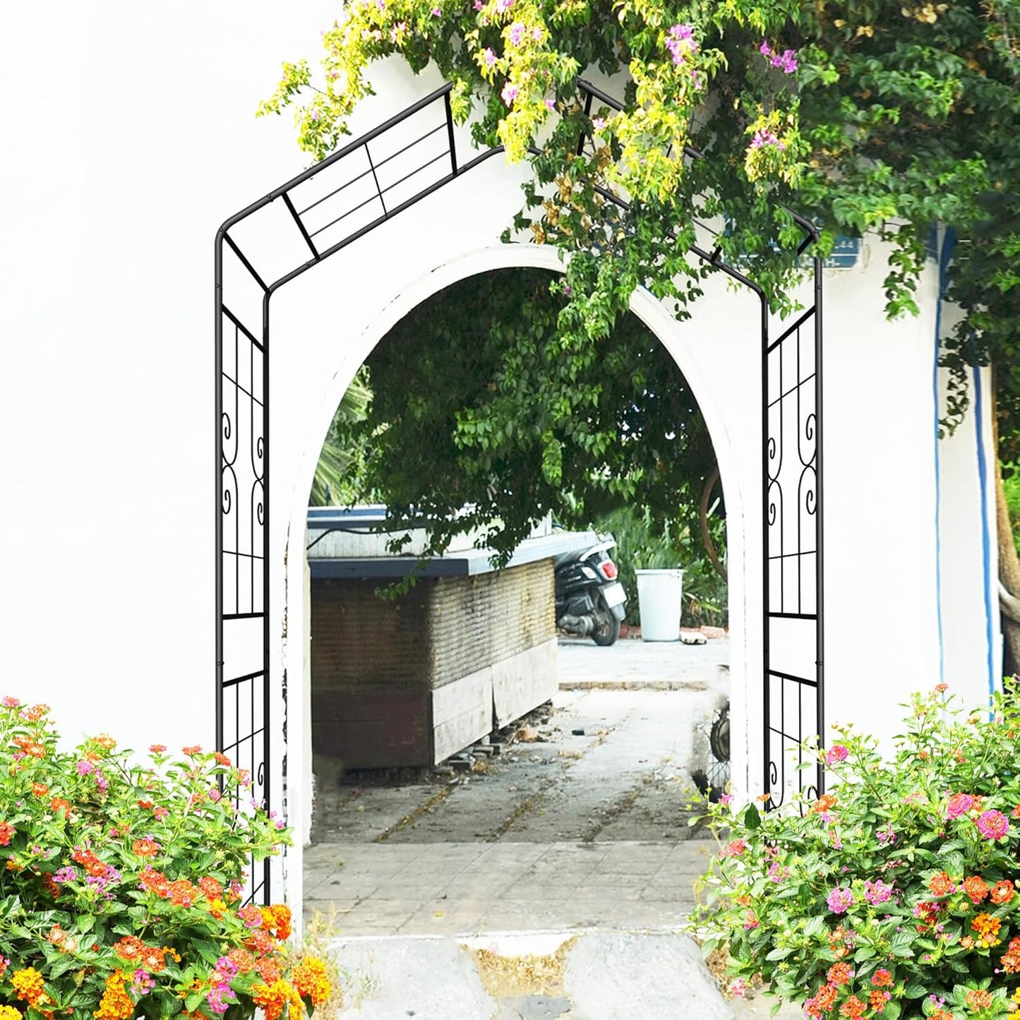 Metal Garden Arch 94.5" H Garden Arbor Trellis Climbing Plants Support Lines Pattern Arch Outdoor Lawn Wedding Party Events Archway Black