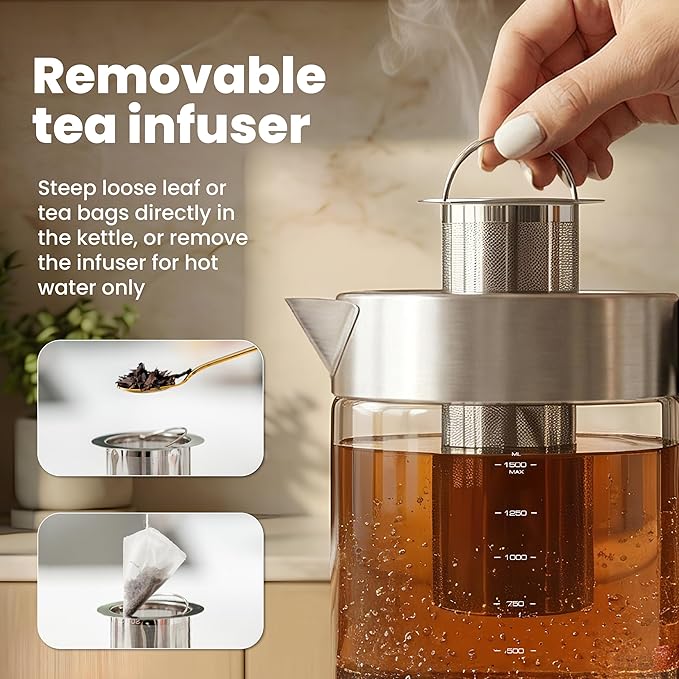 Viante Electric Kettle With Infuser. No Plastic In Contact With Water. Hot Tea Maker With Temperature Control And Automatic Shut Off. Tea Kettle With Brewing Programs. 1.5 Liters Capacity