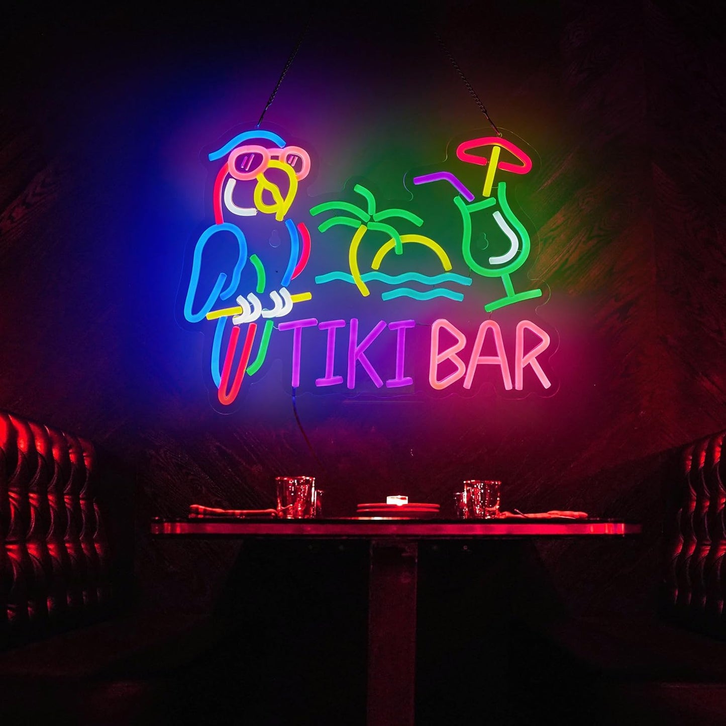 Tiki Bar Parrot Palm Tree Neon Sign for Wall Decor Hawaii Beach Bar LED Light up Signs with Dimmer for Pub Party Man Cave Room Art Decor Gift