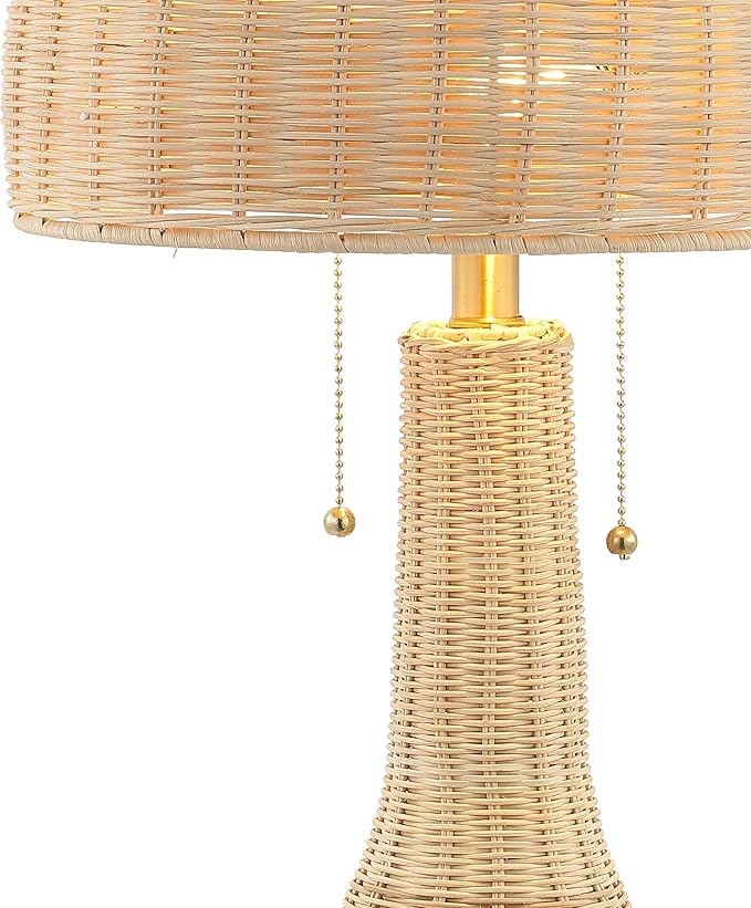 JONATHAN Y 22" Natural/Brass Gold Bohemian Rustic LED Table Lamp for Bedroom, Natural Rattan Shade, Farmhouse Coastal Nightstand Lamp for Living Room, LED Bulbs Included JYL4040A