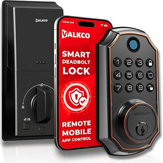VALKCO Smart Door Lock V5O5BF, Keyless Entry Door Lock with Keypad and Bluetooth App Control, Fingerprint Deadbolt, Smart Door Lock for Front Door, Auto Lock, IP54 Weatherproof, Easy Installation.