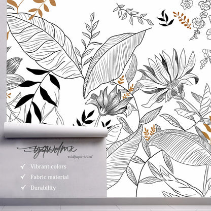 -Hand-Painted Flower Plant Fabric Wallpaper Simple Art Living Room 100" x 65" (Not Peel and Stick)