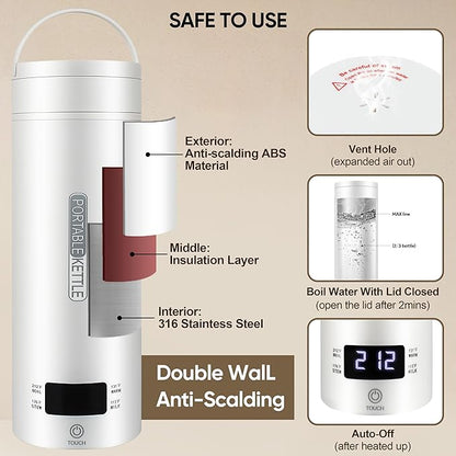 Portable Electric Kettle, Travel Tea Kettle, Small Hot Water Boiler Coffee Heater 450ML, 316 Stainless Steel, 4 Temperature Settings with Fast Boiling Water Auto Shut-off Boil Dry Protection (White)