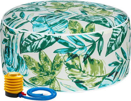 FUNHOME Inflatable Outdoor Ottoman with Air Pump,20"x9" Portable Patio Pouf,Water Resistant,Fade-Resistant,Round Blow Up Footrest Stools for Home Garden Camping Travel(Palm Leaf)