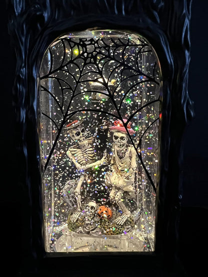 GenSwin Halloween Skeleton Snow Globe Lantern Ghost Projection Lamp with 6 Hour Timer, Battery Operated & USB Powered LED Spinning Water Glittering Globe Halloween Decoration Parties(11”, 3AA)