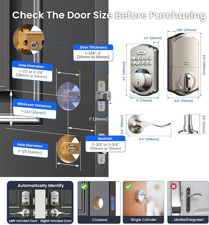 Veise VE012W-B Wi-Fi Fingerprint Smart Lock with Handle Set, Remote App Control, Keyless Entry Front Door Lever, Built-in WiFi No Hub Needed, Backlit Keypad Deadbolt, Auto-Locking, Satin Nickel