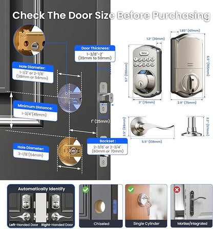 Veise VE012W-B Wi-Fi Fingerprint Smart Lock with Handle Set, Remote App Control, Keyless Entry Front Door Lever, Built-in WiFi No Hub Needed, Backlit Keypad Deadbolt, Auto-Locking, Satin Nickel