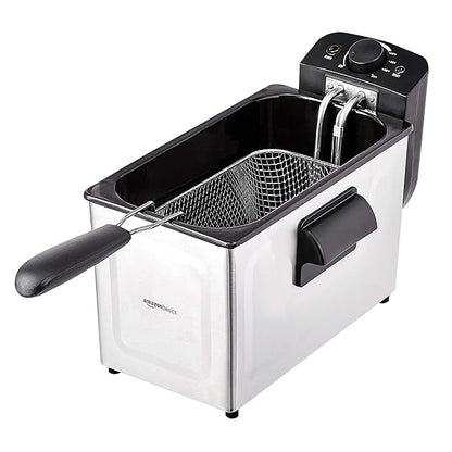 Amazon Basics 3.2-Qt (3.0L) Electric Deep Fryer with Adjustable Temperature Control, Easy Draining Basket, Viewing Window, Fast-Heating 1500W, Stainless Steel Exterior, Black & Silver
