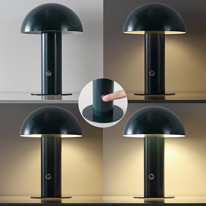 JONATHAN Y 10.75" Forest Green Rechargeable LED Mushroom Table Lamp, Cordless Portable Bedside Lamp for Living Room Bedroom, 3-Way Dimmable Modern Iron Desk Light, Metal Shade (JYL7115D)