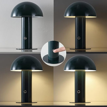 JONATHAN Y 10.75" Forest Green Rechargeable LED Mushroom Table Lamp, Cordless Portable Bedside Lamp for Living Room Bedroom, 3-Way Dimmable Modern Iron Desk Light, Metal Shade (JYL7115D)