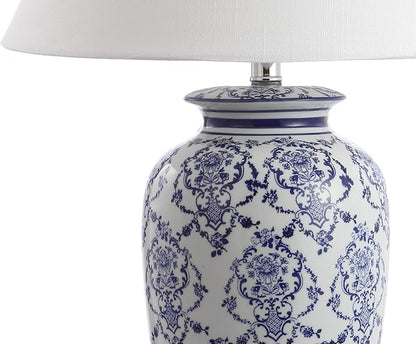JONATHAN Y 26.25" Blue/White Chinoiserie Ceramic Table Lamp, Traditional Asian-Inspired Urn Lamp for Living Room Bedroom, White Linen Shade, LED Bulb Included JYL8023A