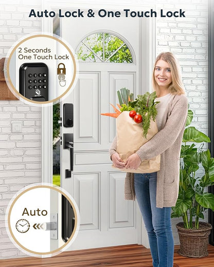 BE-TECH Keyless Entry Smart Door Lock with 2 Pull Handles, Electronic Front Door Locks Set, Digital Keypad Deadbolt, Auto Lock, One Time Codes, Anti Peeping Code, Easy Installation, Black
