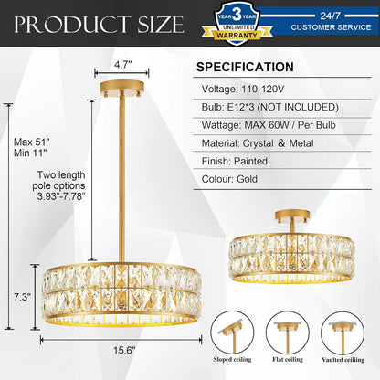 16” 4-Light Modern Crystal Chandeliers Gold Dinning Room Light Fixture, Round Pendant Light Kitchen Island Chandelier, Flush Mount Ceiling Light for Living Room Entryway Bedroom Foyer