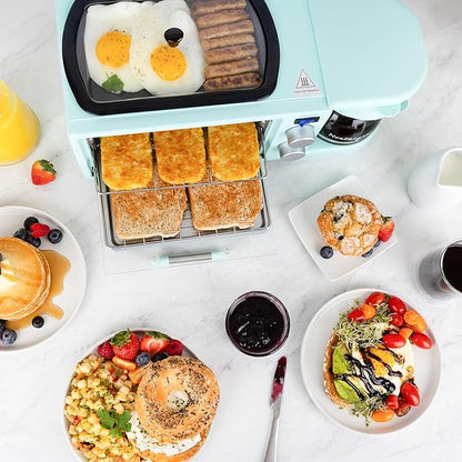 Nostalgia 3-in-1 Retro Breakfast Station - Includes 5 Cup Coffee Maker, Non-Stick Ceramic Griddle, and 4-Slice Toaster Oven - Built-In Timer, Reusable Coffee Filter, Space-Saving Design - Aqua