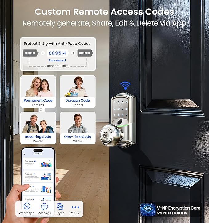 Veise VE028 Built-in Wi-Fi Smart Lock with Knob, Fingerprint Keyless Entry with Handle, App Remote & Voice Control, Electronic Digital Keypad for Front Door and Bedroom, IP65 Waterproof, Satin Nickel