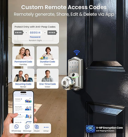 Veise VE028 Built-in Wi-Fi Smart Lock with Knob, Fingerprint Keyless Entry with Handle, App Remote & Voice Control, Electronic Digital Keypad for Front Door and Bedroom, IP65 Waterproof, Satin Nickel