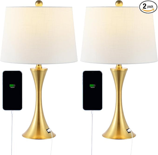 JONATHAN Y 22.75" Brass Gold Modern Hourglass LED Table Lamp Set of 2 with USB Port, Metal Bedside Lamps for Living Room Bedroom, White Linen Shade JYL6621A-SET2