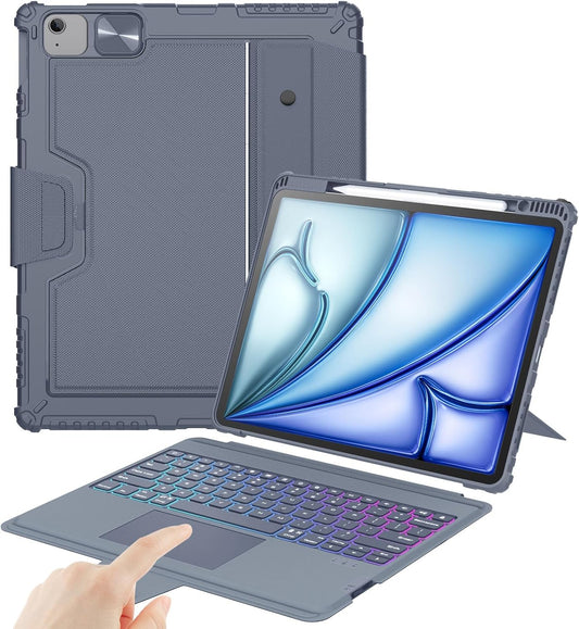 Nillkin Keyboard Case for iPad Air 13-inch (M3 2025/M2 2024), iPad Pro 12.9-inch (6th/5th/4th/3rd Gen) Rugged Case with Detachable Keyboard, Magic Trackpad, 7-Color Backlit, Portrait/Landscape, Gray