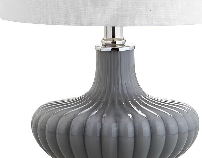 JONATHAN Y 18" Gray Fluted Glass and Lucite Table Lamp, Contemporary Teardrop Bedside Lamp with White Linen Drum Shade for Nightstand, Console Table, LED Bulb Included JYL1032A