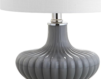 JONATHAN Y 18" Gray Fluted Glass and Lucite Table Lamp, Contemporary Teardrop Bedside Lamp with White Linen Drum Shade for Nightstand, Console Table, LED Bulb Included JYL1032A