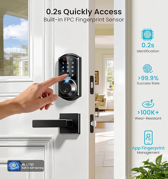 Veise VE07-L Fingerprint App Control Smart Locks with Heavy-Duty Zinc Alloy Handles, Keyless Entry for Front Door, Digital Electronic Touchscreen, Auto Lock, Waterproof, Easy Install, Matte Black