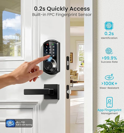 Veise VE07-L Fingerprint App Control Smart Locks with Heavy-Duty Zinc Alloy Handles, Keyless Entry for Front Door, Digital Electronic Touchscreen, Auto Lock, Waterproof, Easy Install, Matte Black