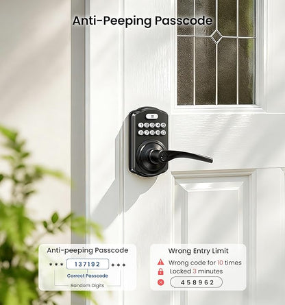 Veise Keypad Door Lock with Handle, Keyless Entry for Front Door & Bedroom, Electronic Lock with Code, Auto-Locking, Easy Installation, Passage Mode, Matte Black