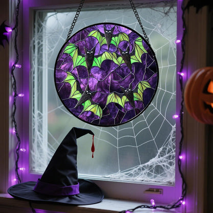 Stained Glass Window Hanging - Halloween Decorations Black Bat with Green Wings Suncatcher for Doors Garden Indoor Spooky Sun Catchers Gothic Decor Horror Gifts for Women Men Friend 15 in