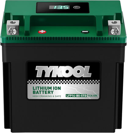 TYKOOL YTX14-BS-STD 400 CCA,Lithium LiFePO4 12v Motorcycle Battery,ATV Battery,2X Cranking Amps,Digital Readout for SOC,Comptitable for ATV,Piaggio Scooter,Honda UTV,Yamaha Snowmobile