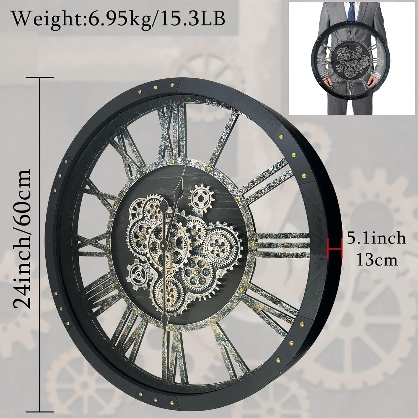 24 Inch Moving Gear Wall Clock, Oversized Wall Clocks, Clock Living Room Decor, Solid Wood Frame, Battery Operated, Large Wall Clock with Steampunk Industrial for Fireplace(Black)