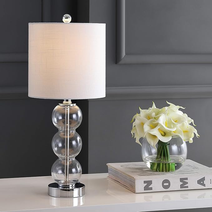 JONATHAN Y 21" Clear/Chrome Glass Table Lamp for Bedroom and Living Room, White Linen Shade, Modern Stacked Sphere Bedside Lamp, LED Bulb Included (JYL1021D)