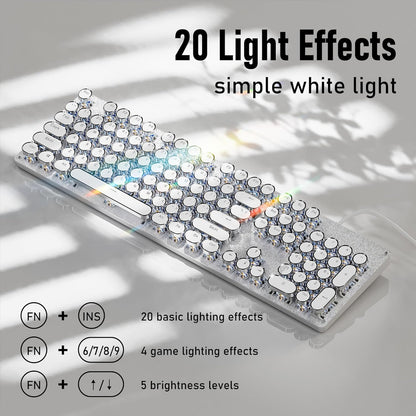 EWEADN TK100 Typewriter Style Wired Mechanical Keyboard, 104 Keys Aesthetic Typewriter Keyboard with White Backlit, Anti-Ghosting, Blue Switch Wired Cute Keyboards-White