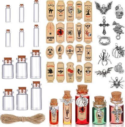 Newtay 53 Pcs Halloween Mini Potion Bottles Set Including 12 Decorative Glass Bottles with Cork Stoppers 20 Creepy Apothecary Bottle Labels Stickers 20 Charms Pendants 1 String (5/6/7/12 ML,Stylish)