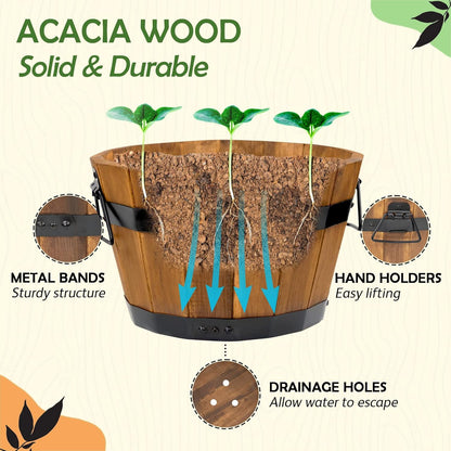 IDZO Set of 3 Wooden Flower Boxes Outdoor, Durable Acacia Wood Barrel Planters for Outdoor Plants with Ergonomic Handles, Drainage Holes, Multiple Sizes Wood Bucket Planter Light Brown