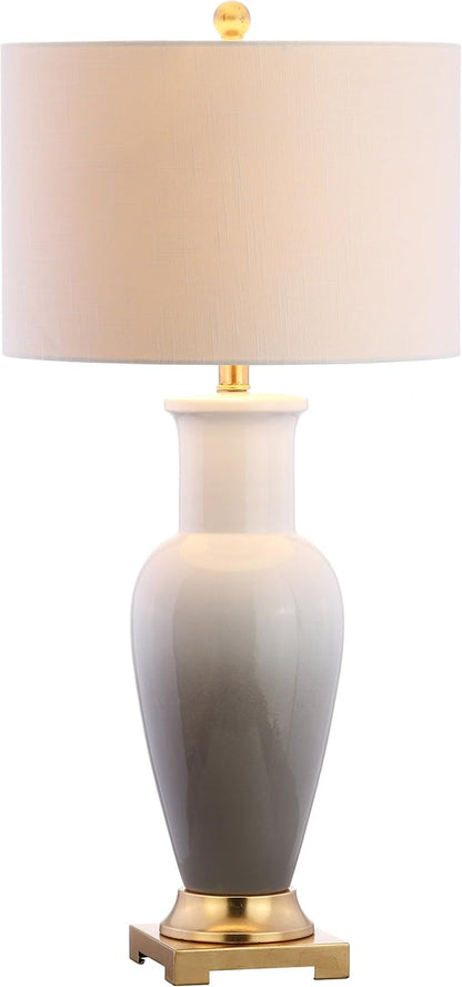 JONATHAN Y 31.5" White/Gray Dip Dye Ceramic Table Lamp for Living Room, Large Bedside Lamp for Bedroom with White Linen Drum Shade, Traditional End Table Light, LED Bulb (JYL3017B)