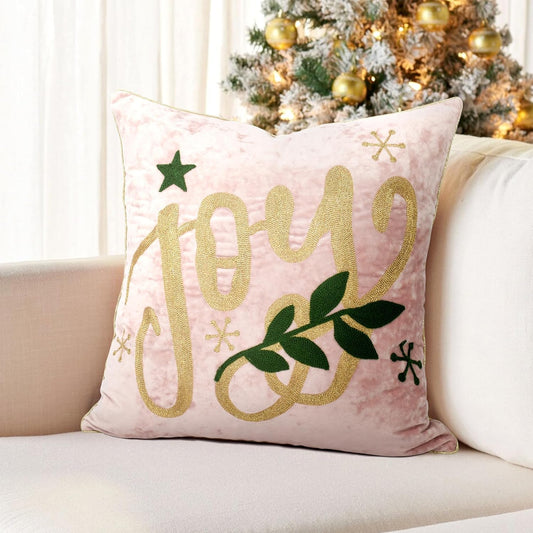 Joy Christmas Pillow Covers 18x18,Embroidered Christmas Throw Pillow Covers Christmas Decorations Holiday Pillows for Home Couch,Pink Blush Gold Velvet Cushion