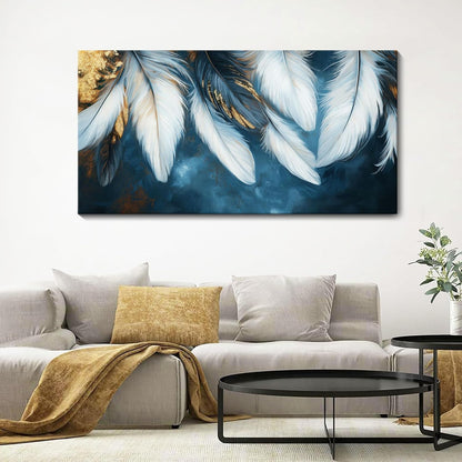Mofutinpo Blue and Gold Wall Art Navy Blue Decor for Living Room Feather Canvas Art Wall Decor, Blue Bedroom Wall Decor Above Bed Pictures Wall Painting - Artwork for Walls 24×48IN