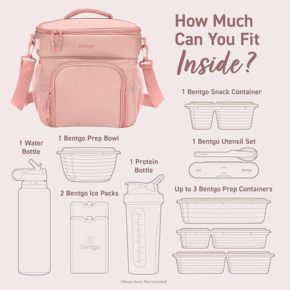 Bentgo Prep Deluxe Insulated Multimeal Bag - Lunch Box Bag, Holds 5 Meals, Premium Insulation up to 8 Hrs, Durable, Water-Resistant - Large Capacity For Adult Meal Prep (Blush)
