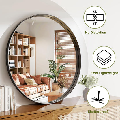 48 Inch Round Bathroom Mirror - Wall Mounted Circle Mirror with Metal Frame, Modern Mirror Suitable for Bathroom, Vanity, Entryway, Living Room, Wall Decor,Black