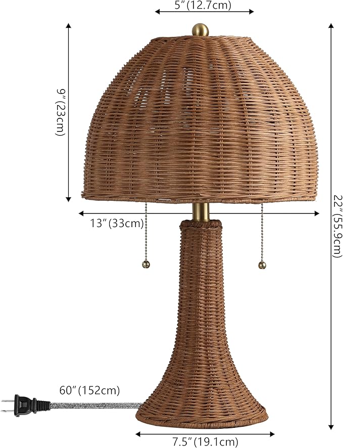 JONATHAN Y 22" Dark Brown/Brass Gold Bohemian Rustic LED Table Lamp for Bedroom, Natural Rattan Shade, Farmhouse Coastal Nightstand Lamp for Living Room, LED Bulbs Included (JYL4040C)