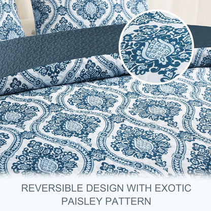 Exclusivo Mezcla Reversible Boho Quilt Set King Size, 3 Pieces Damask Blue All Season Bedspreads, Ultra Soft Floral Coverlet Bedding Set with Printed Pattern (1 Quilt, 2 Pillow Shams)