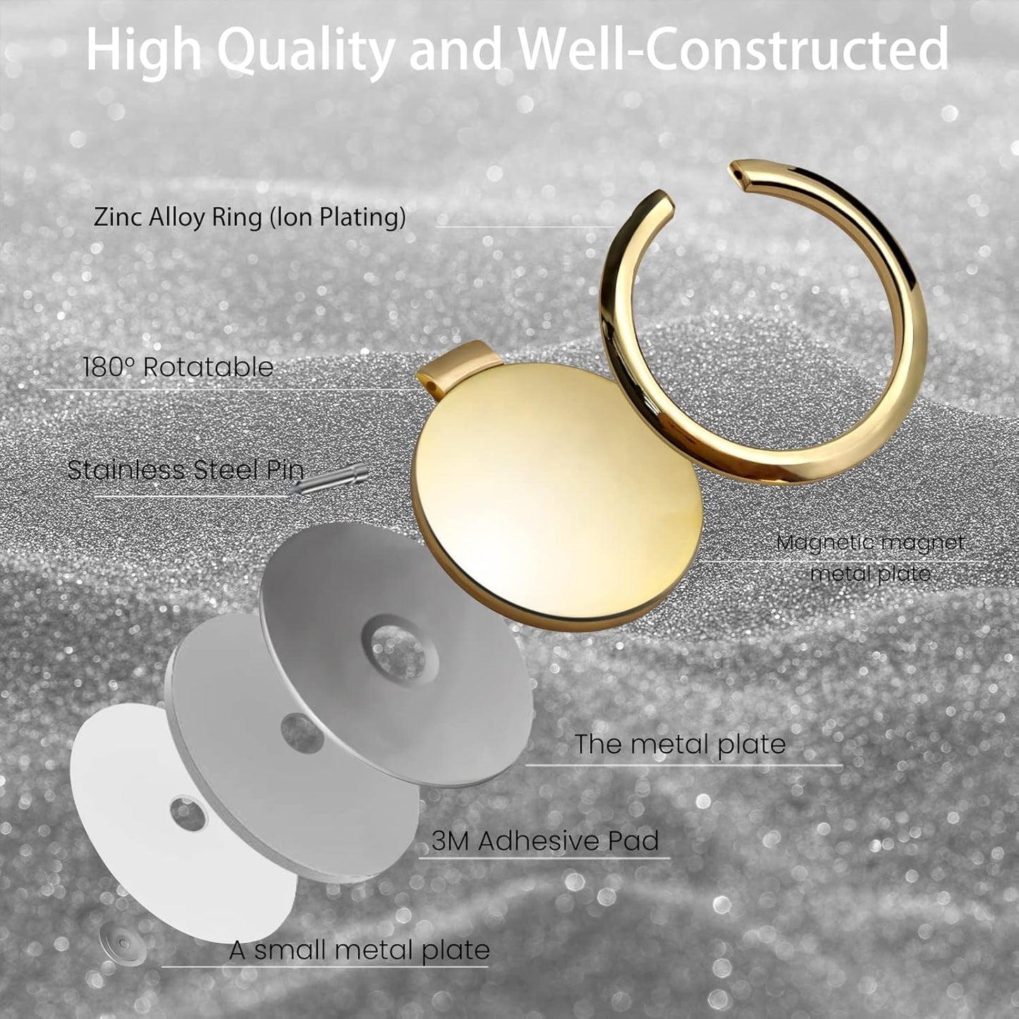 Metal Cell Phone Ring Holder Finger Ring Stand, 360 Degree Rotation Ring Kickstand Grip Holder for Magnetic Car Mount, Gold