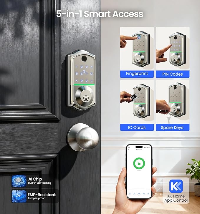 Veise VE017-K Fingerprint Smart Lock with 2 Knobs, App Control, Keyless Entry Front Door Lock Set, Electronic Touchscreen Keypad Deadbolt, Emergency Power Port, Easy Install, Auto-Lock, Satin Nickel