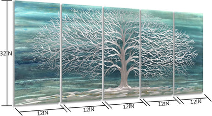 Yihui Arts Large Metal Wall Art Handcrafted Aesthetic Tree Pictures on Aluminum 5 Panels Teal and Silver Abstract Landscpae Artwork for Living Room Bedroom Dinning Decor