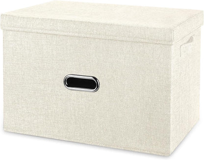 Large Linen Fabric Foldable Storage Bins with Removable Lid and Handles, Washable Storage Box Organizer Containers Baskets Cube with Cover for Bedroom,Office(Cream, Large)